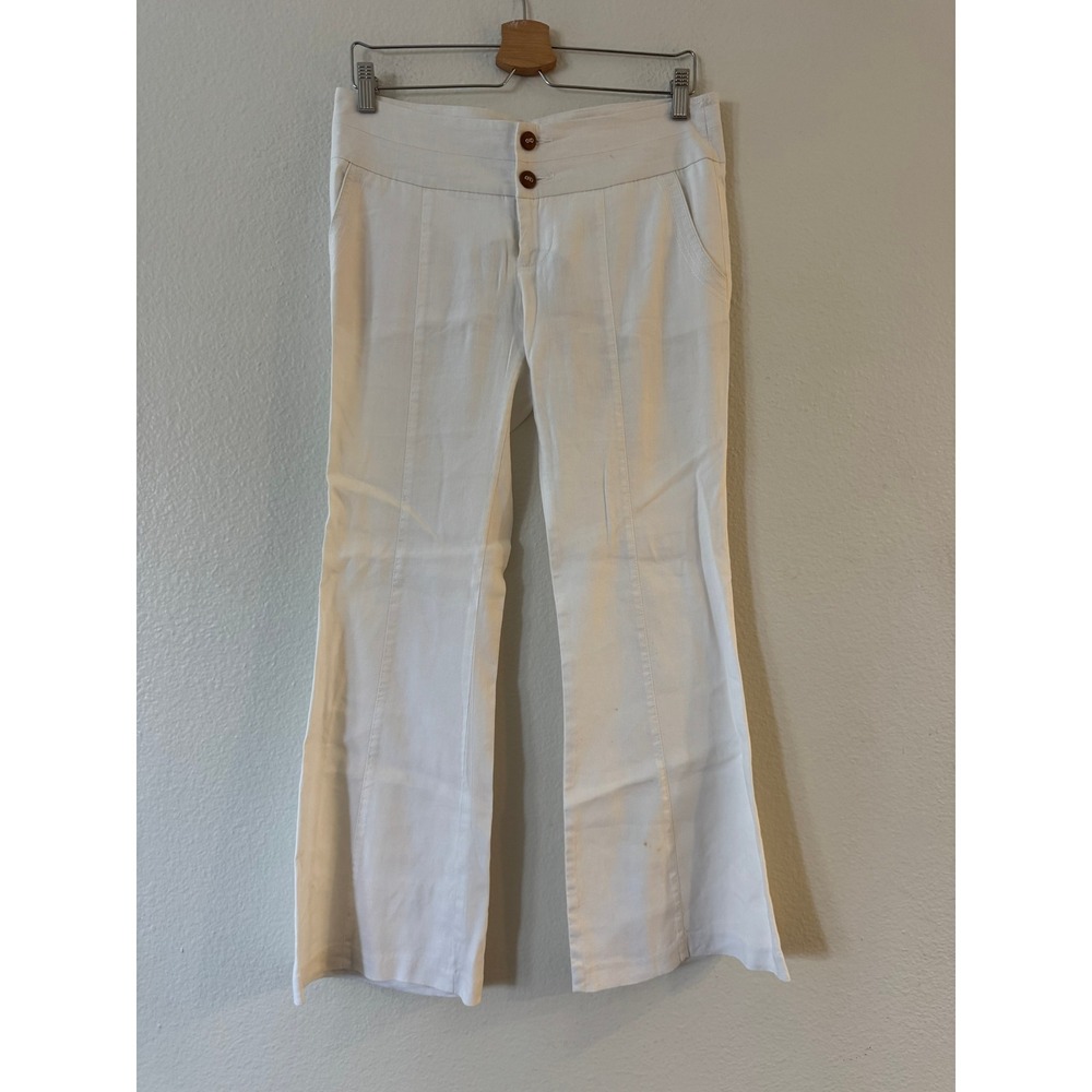 Bebe Liv Fit Flare Leg Pants Linen Blend Double Button 6P White Good Condition